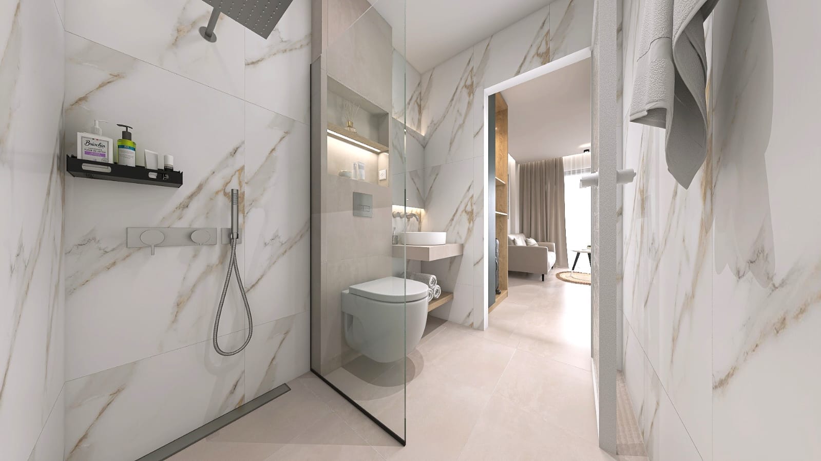 Baie de lux cu duș walk-in și marmură