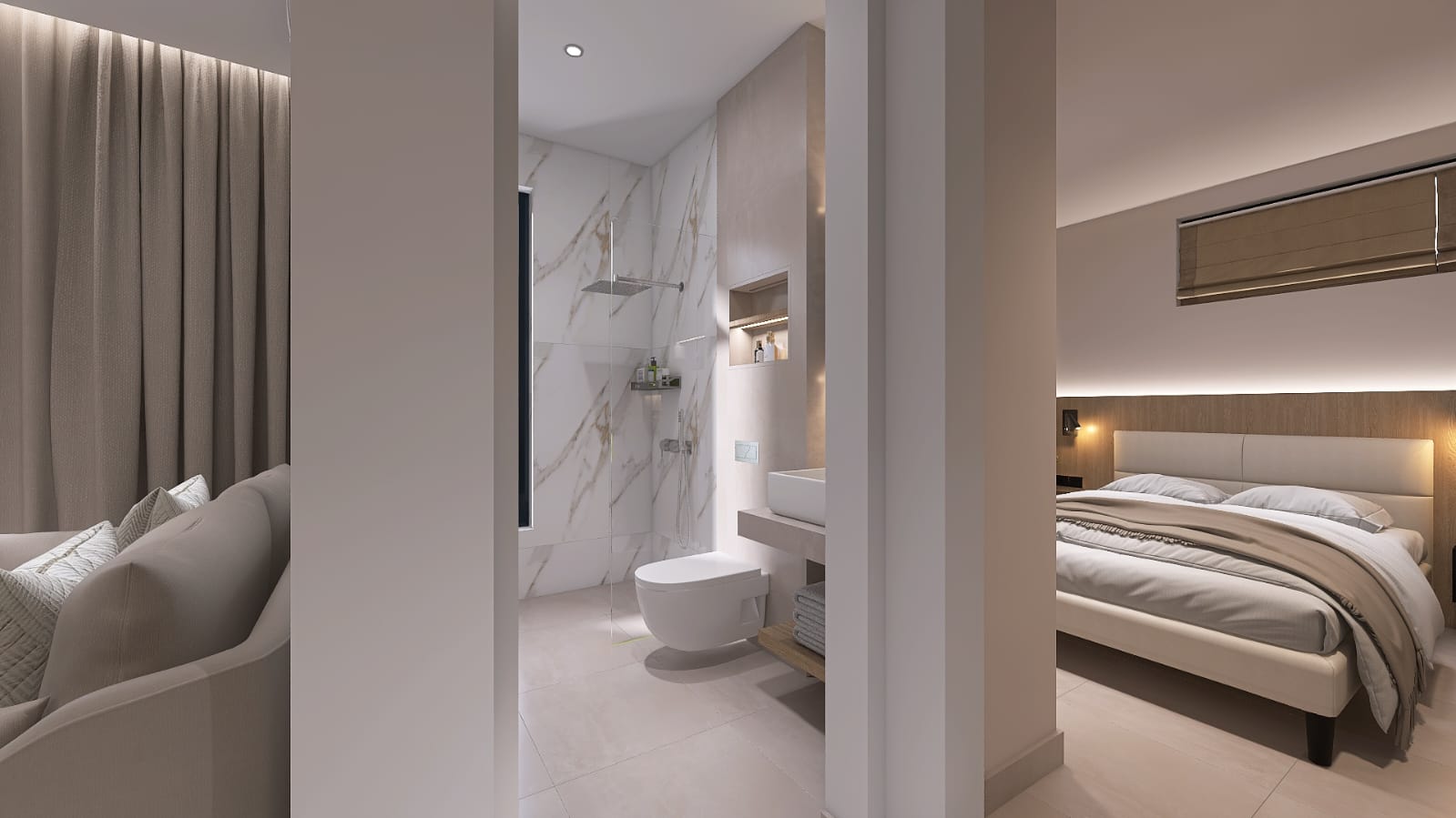 Bedroom with open marble bathroom
