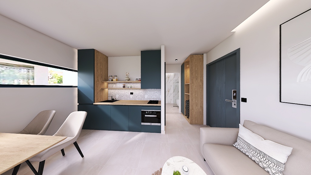 Modern kitchen with green and wood cabinetry