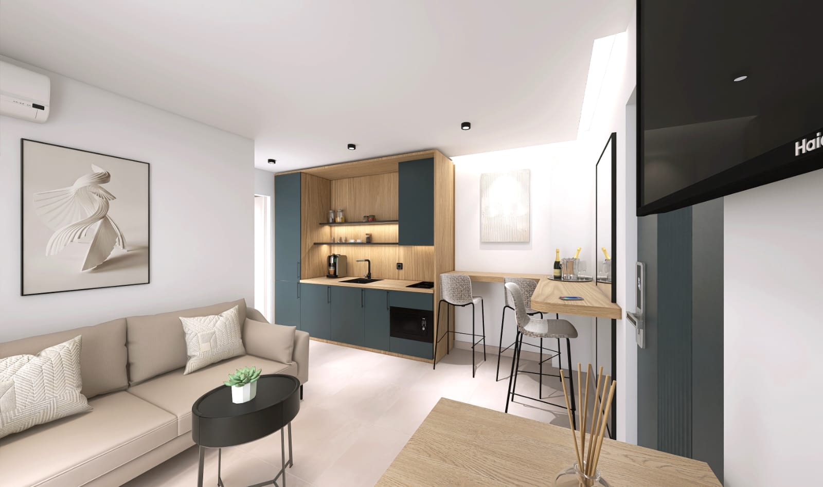 Kitchen with bar and storage areas