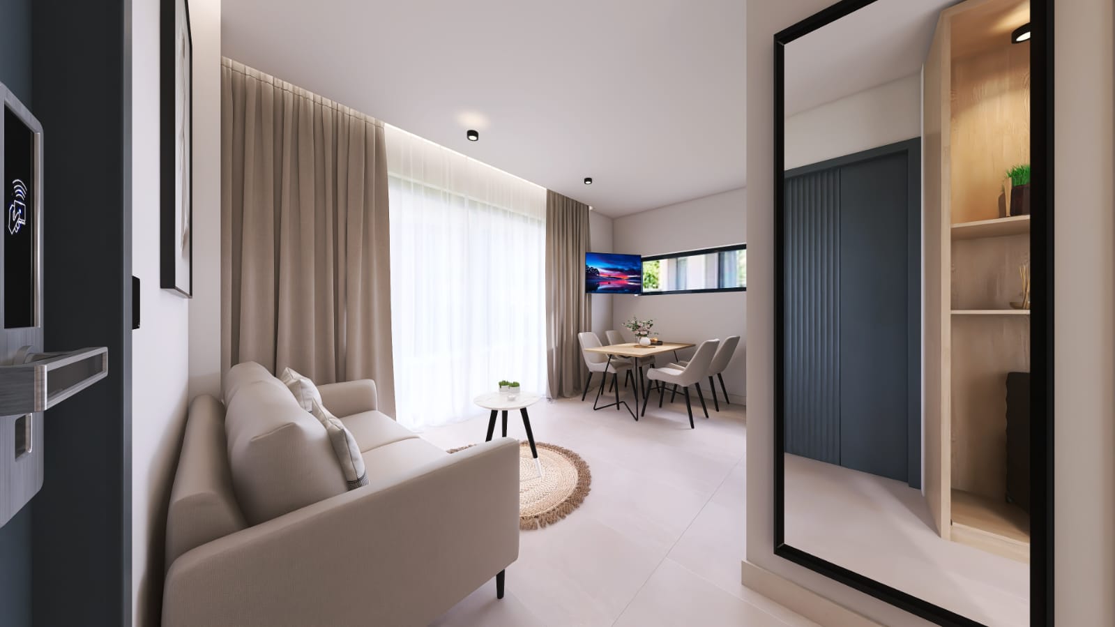 Modern living room with sofa and dining area
