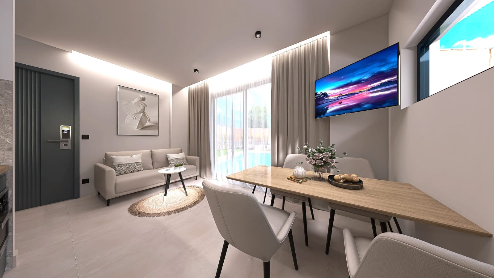 Open-plan living-dining with pool view